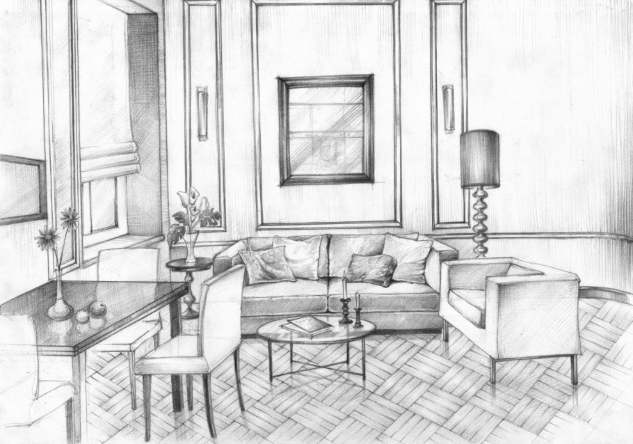 Наброски интерьера карандашом