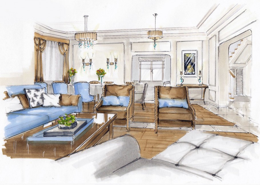 Скетч интерьера цветными карандашами