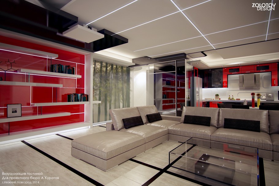 Дизайн кухни гостинной хайтек бордового цвета