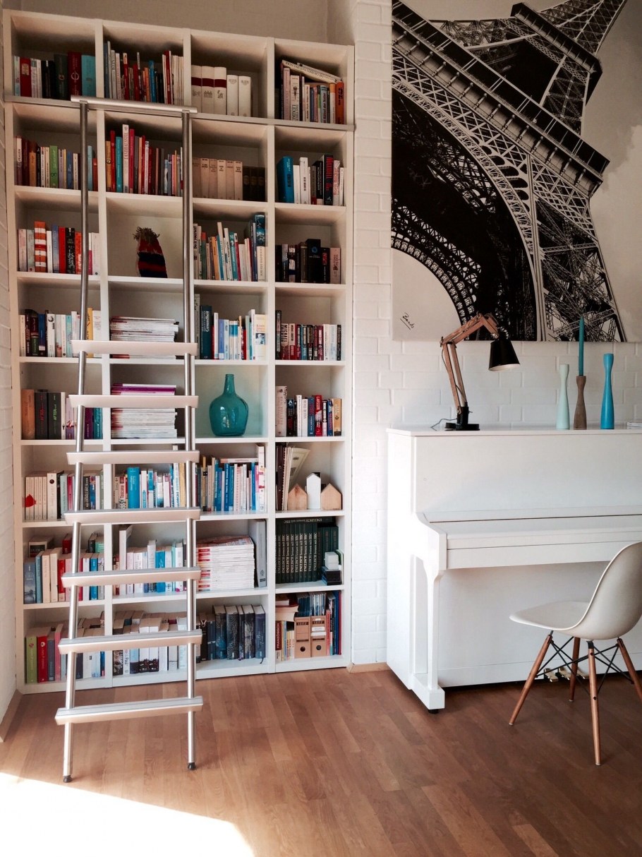 Камин и книжные полки в интерьере