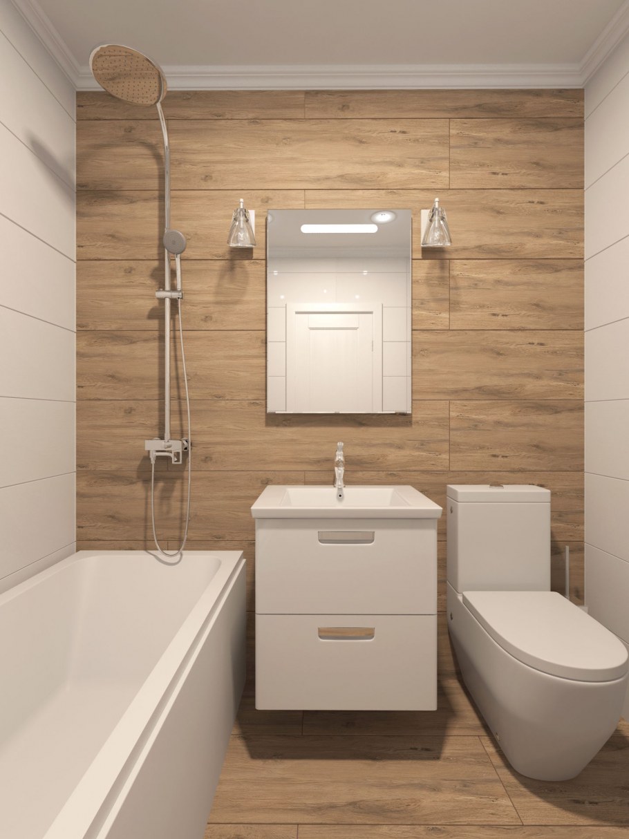 Ванная совмещенная с туалетом белая с деревом