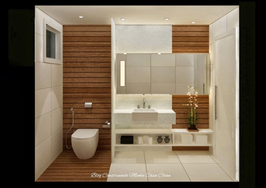 Интерьер совмещенного санузла в белом цвете с деревом