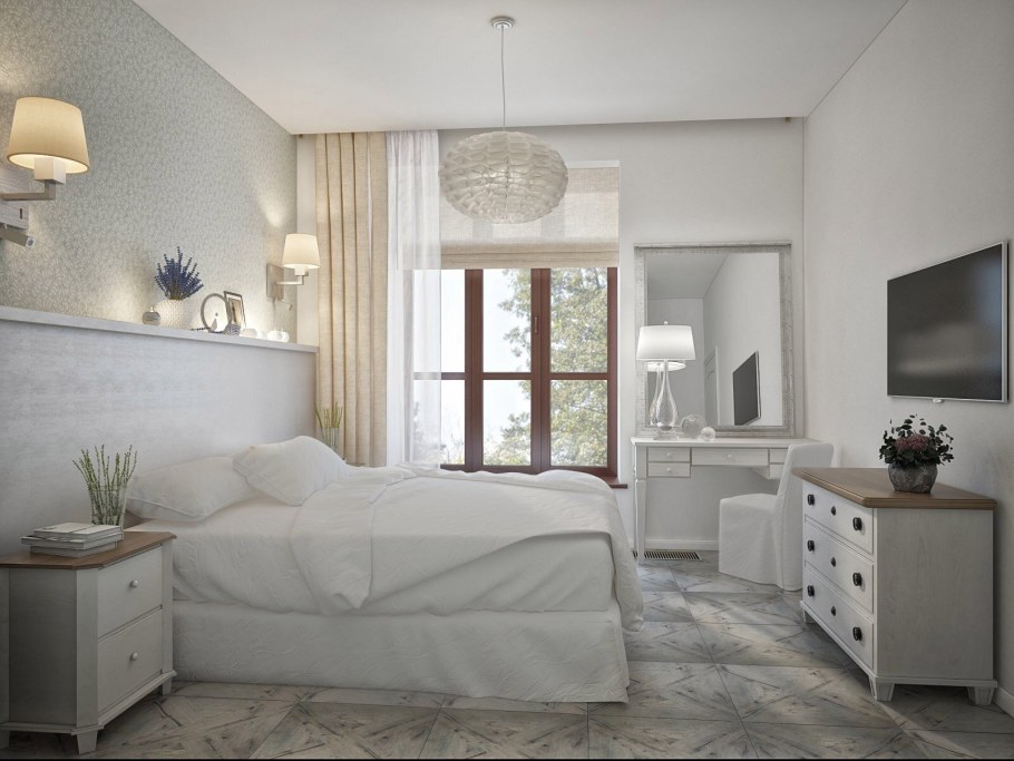 Интерьер спальни в светлых тонах обои