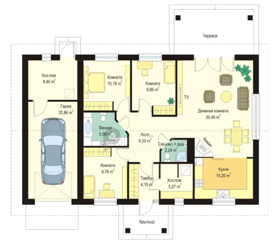 Планировка одноэтажного дома с камином