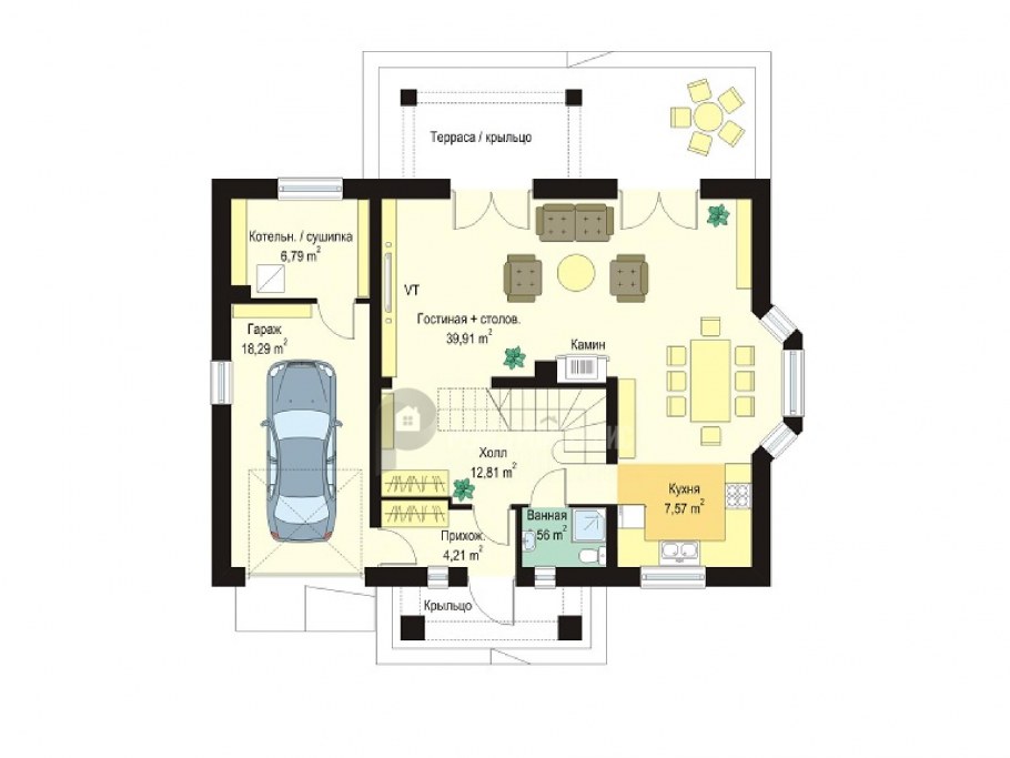 Планировки коттеджа с камином