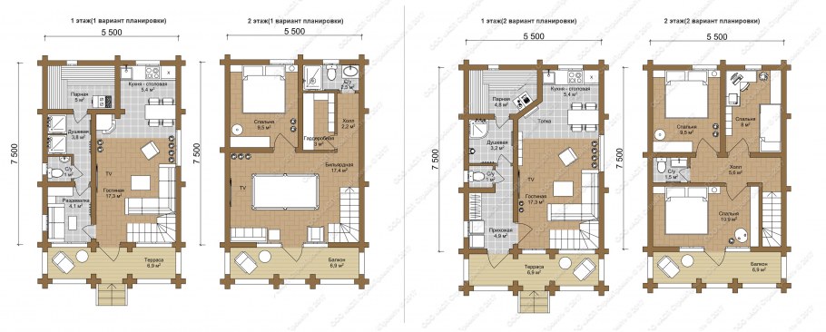 Планировка дома с камином и сауной