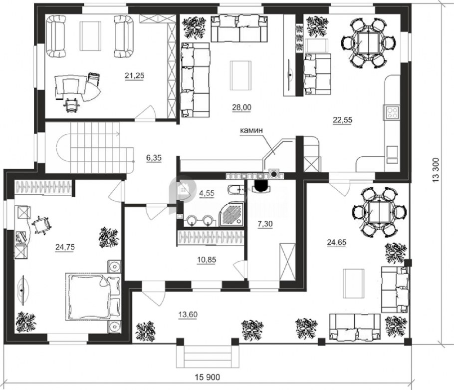 Угловой камин в интерьере гостиной