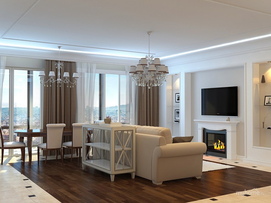 Объединенная кухня гостиная Неоклассика