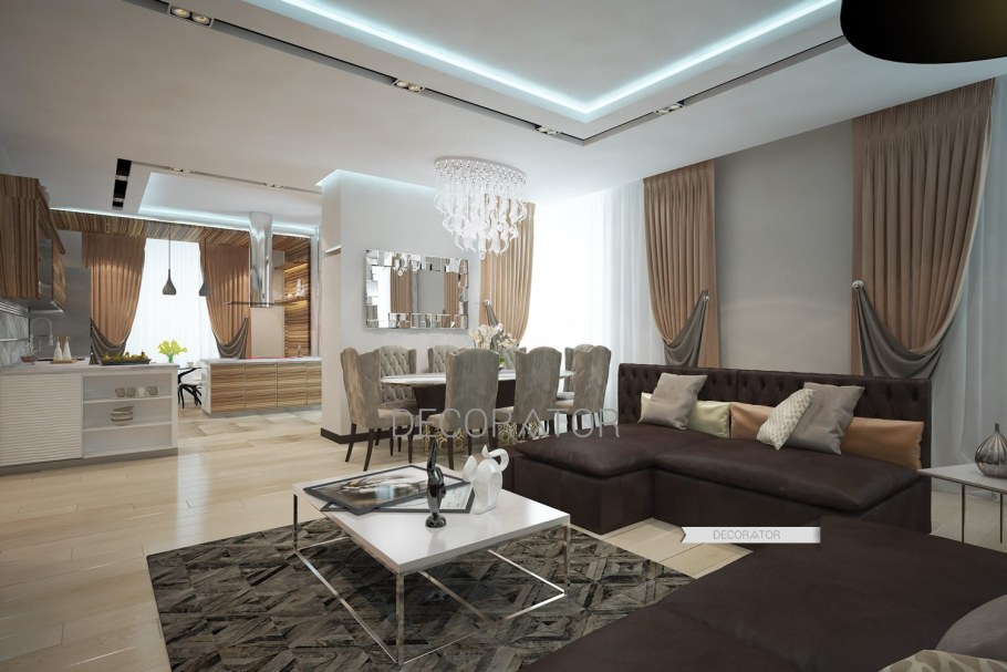 Гостиная смовмнещенная с кухнейв стите Неоклассика