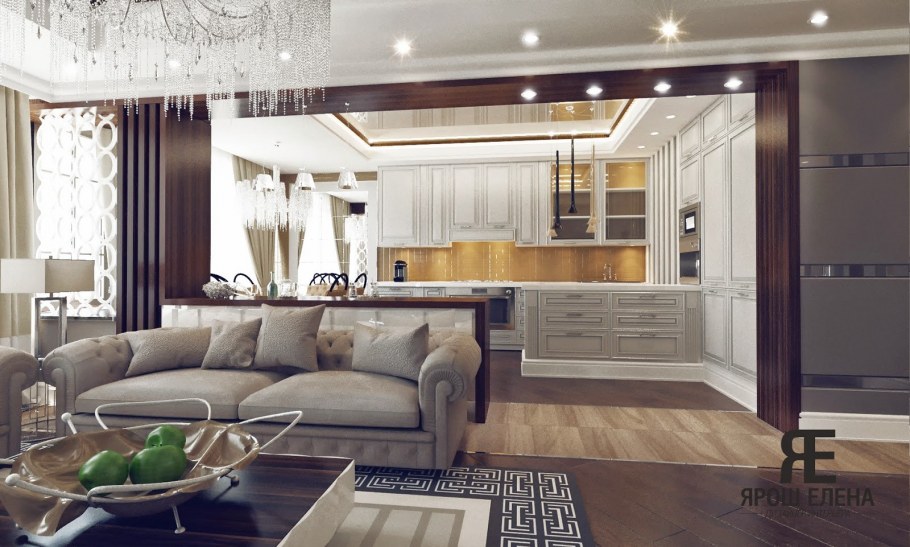 Кухня совмещенная с гостиной в стиле арт деко