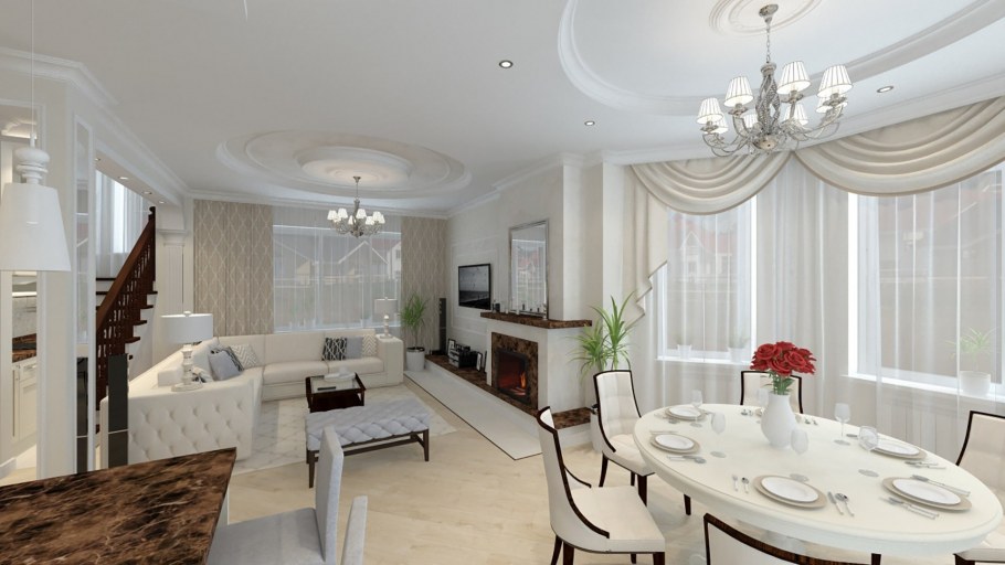 Гостиная со столовой в частном доме