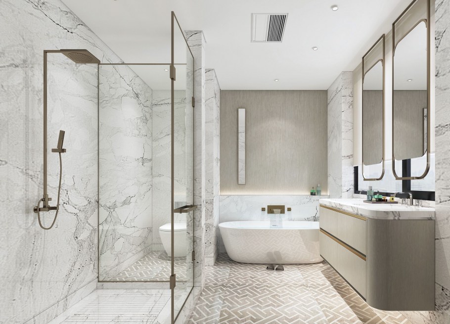 Ванная под светлый мрамор с душевой