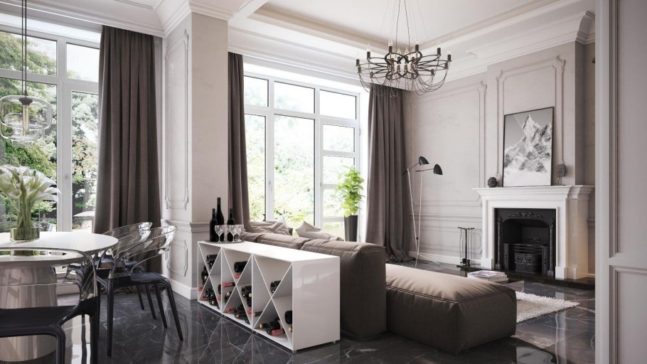 Кухня гостиная с французским окном