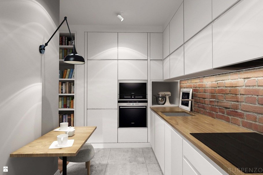 Бело серая кухня с деревянной столешницей