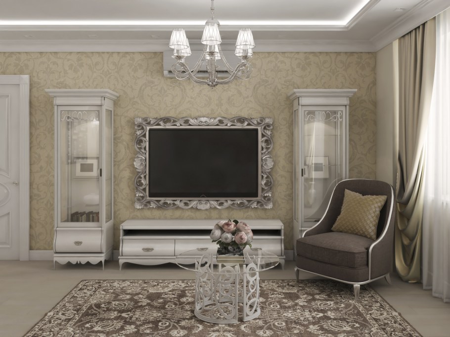 Телевизор в гостиной в классическом стиле