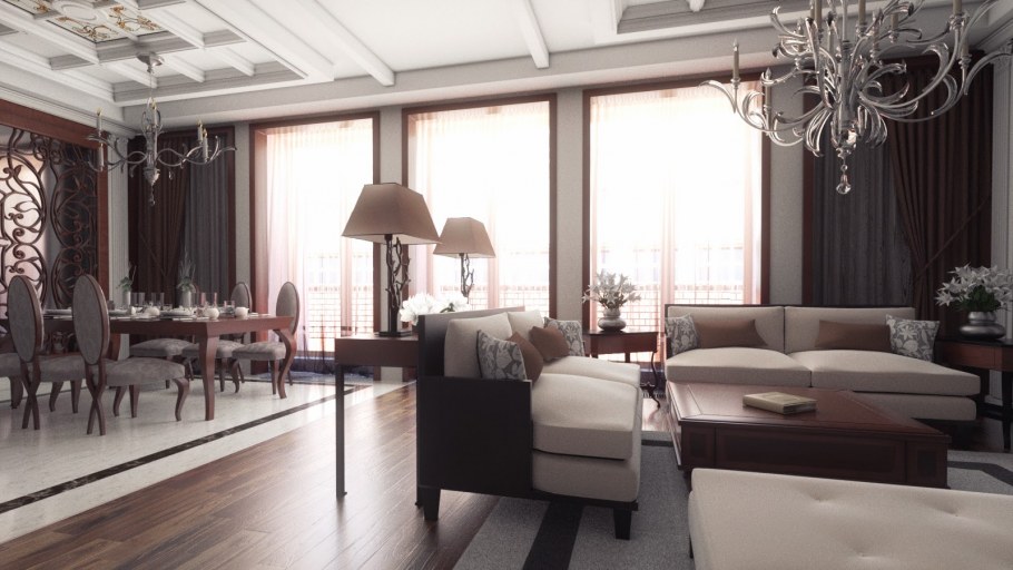 Гостиная арт деко с панорамными окнами