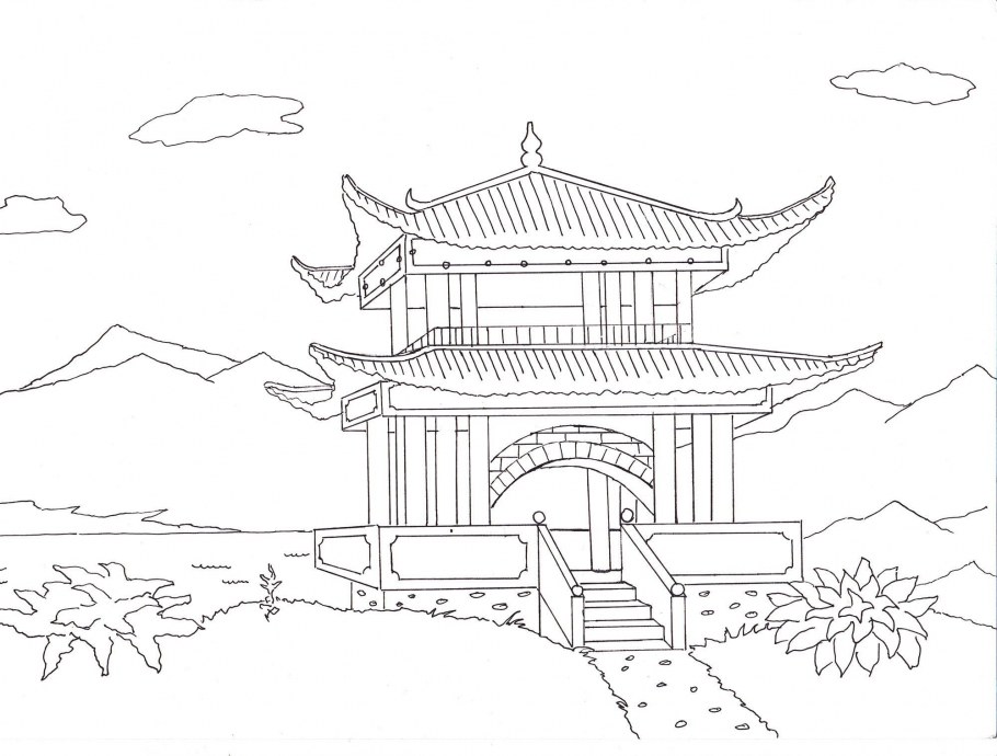 Японский домик раскраска
