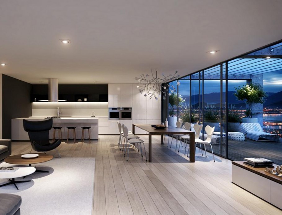 Интерьер с панорамными окнами хайтек