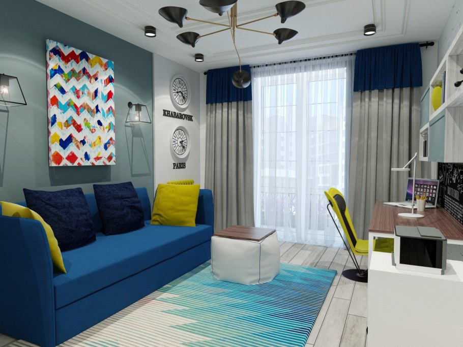 Комната подростка с синим диваном