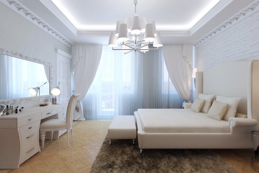 Интерьер спальни в светлых тонах в двухэтажном доме