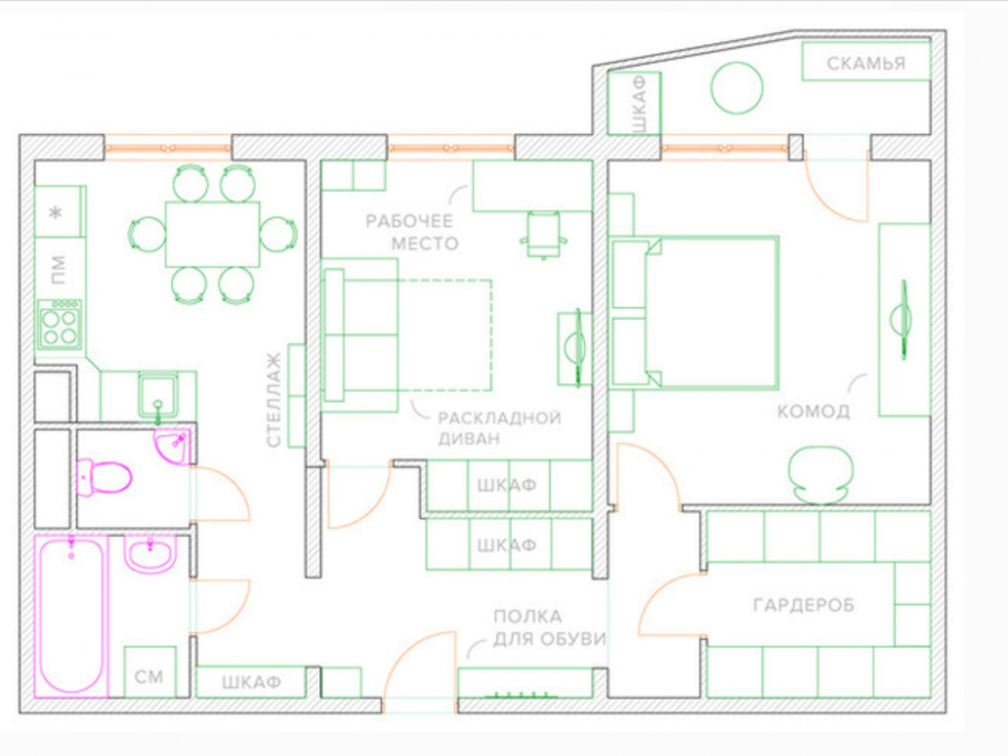 Перепланировка п-44 двухкомнатная