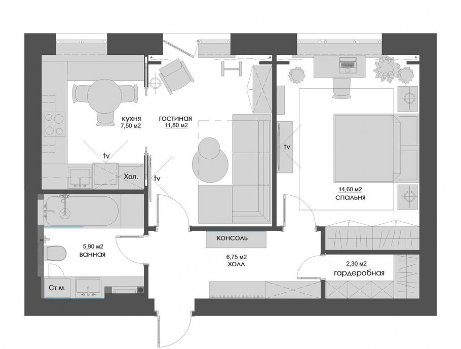 План квартиры с кухней-гостиной