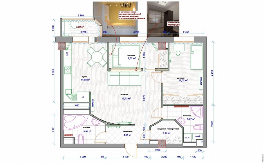 Перепланировка 2-х комнатной квартиры 56 кв.м