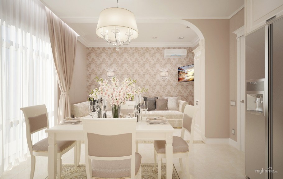 Кухня гостиная в бело бежевых тонах