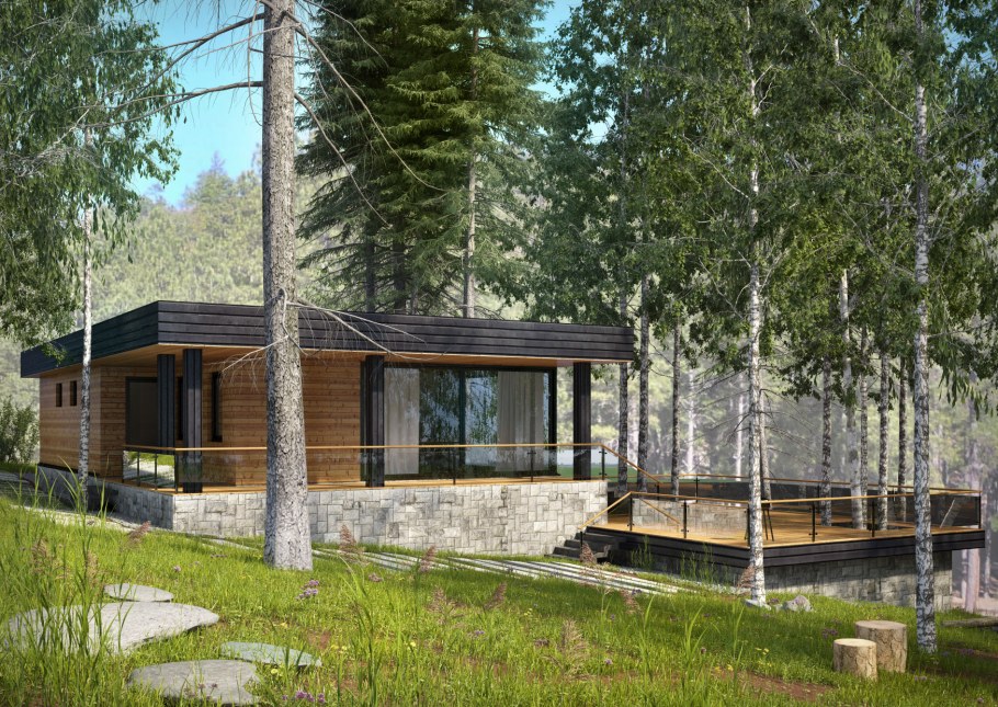 Одноэтажный деревянный дом с террасой