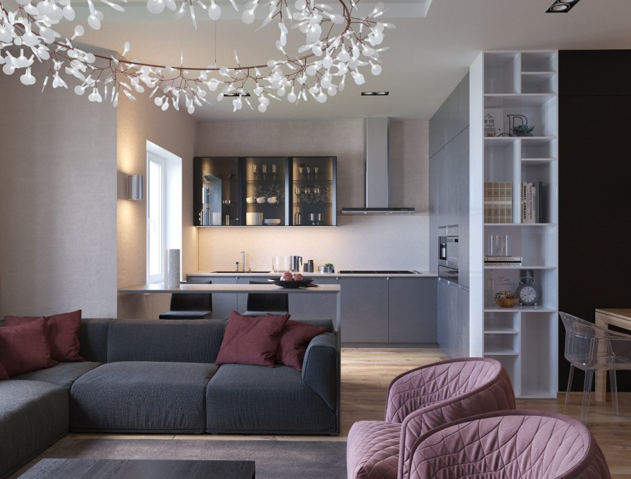 Бело бирюзовая кухня гостиная