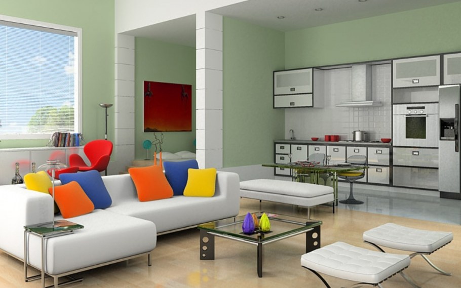 Фисташковый цвет в интерьере гостиной