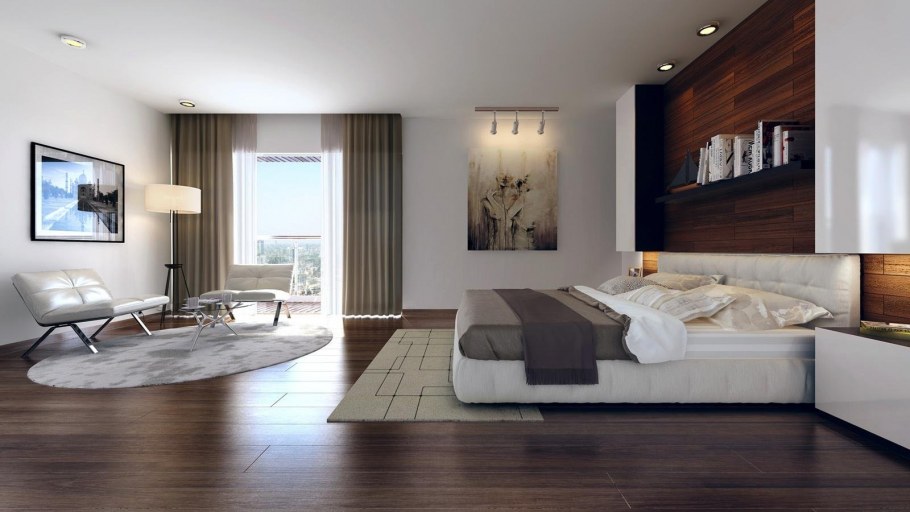 Спальня в современном стиле в светлых тонах с деревом