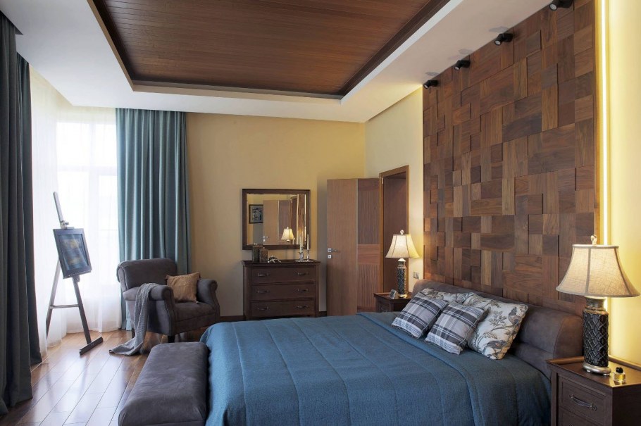 Спальня в светлых тонах с деревом