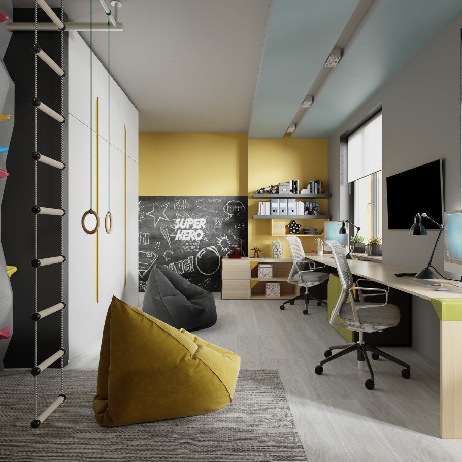 Комната в серо желтых тонах для подростка