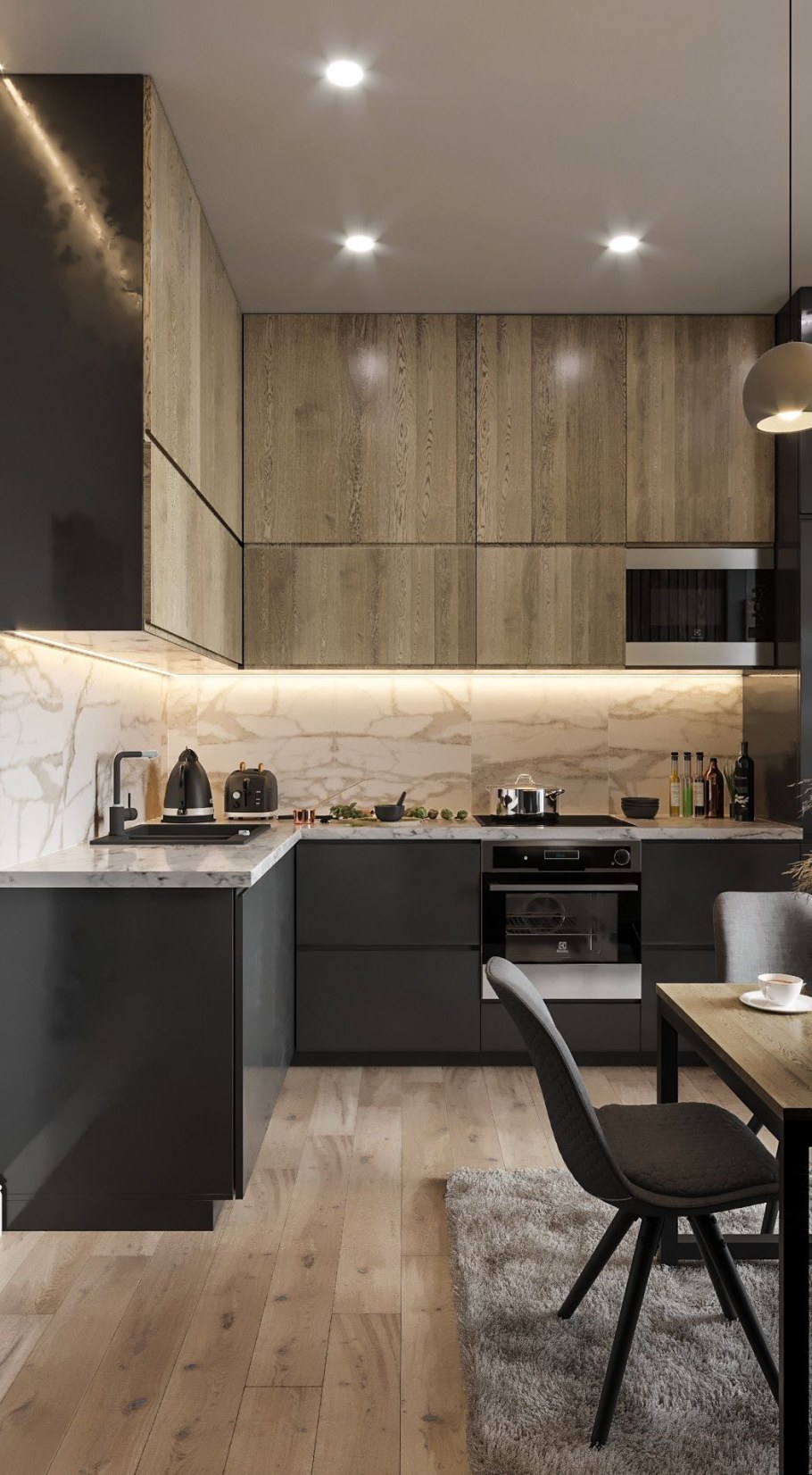Кухня в серых тонах с деревом