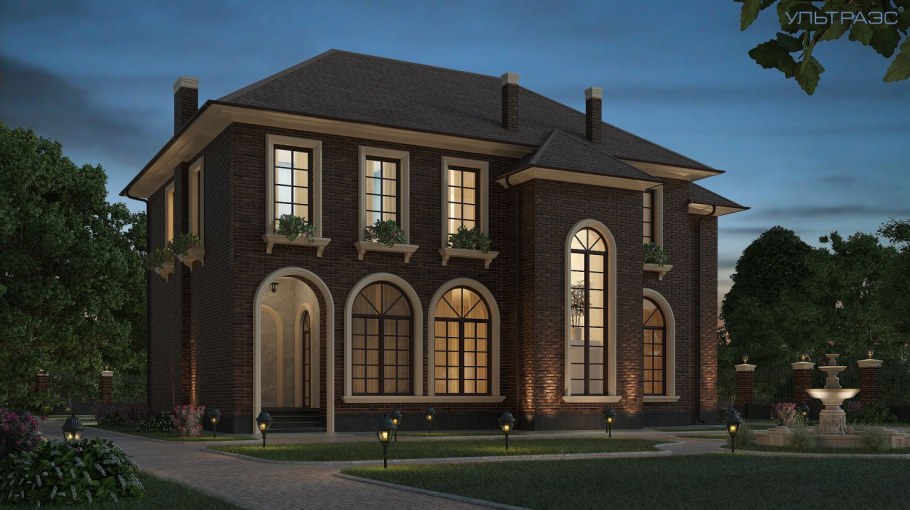 Двухэтажный кирпичный дом в классическом стиле