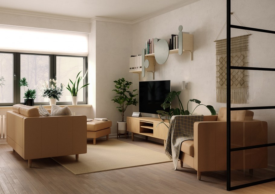 Открытые навесные полки в интерьере