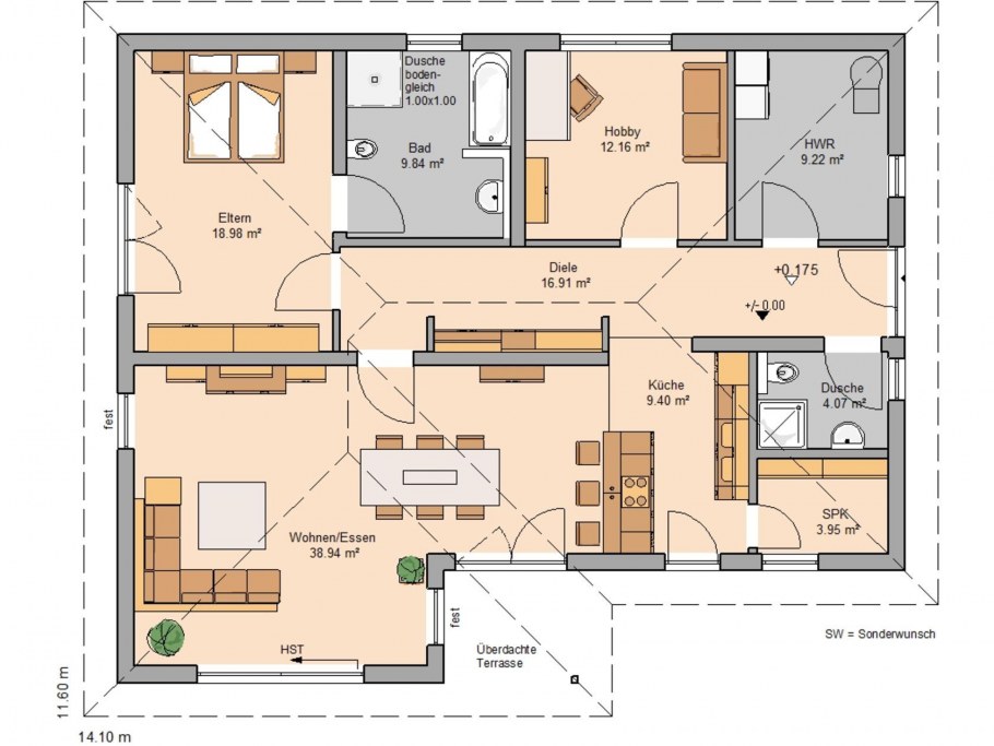 Немецкая планировка одноэтажного дома