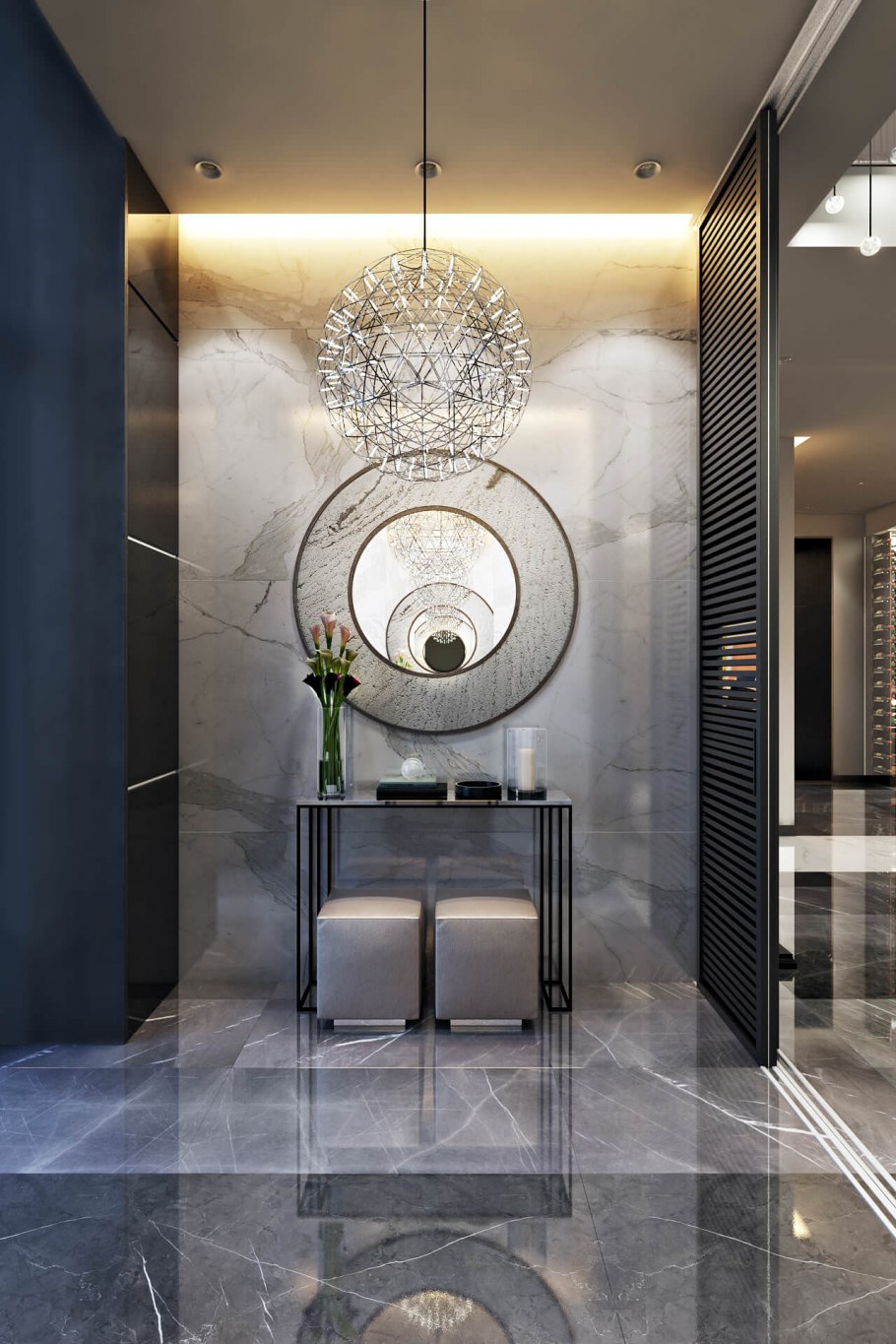 Плитка под мрамор в прихожей с ламинатом