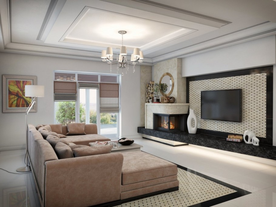 Гостиная с камином в современном стиле в доме