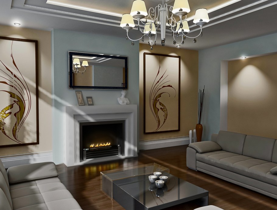 Интерьер гостиной с камином в квартире