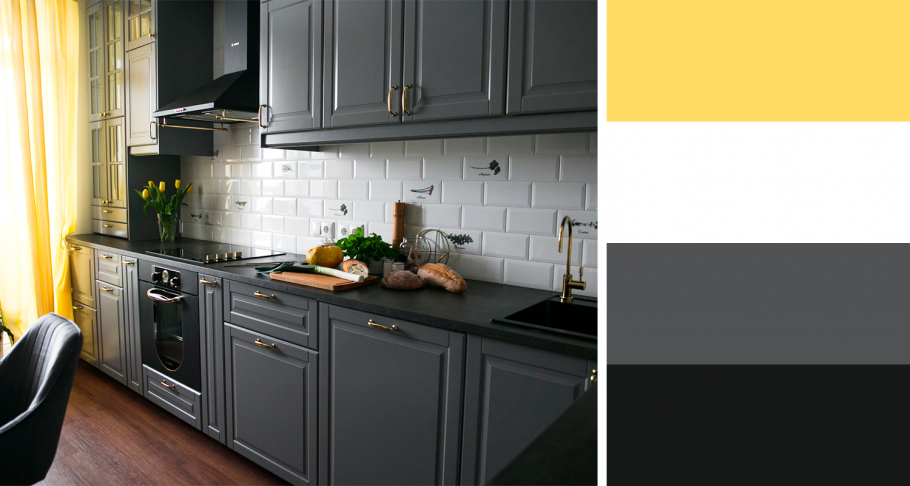 Белая кухня с серым фартуком