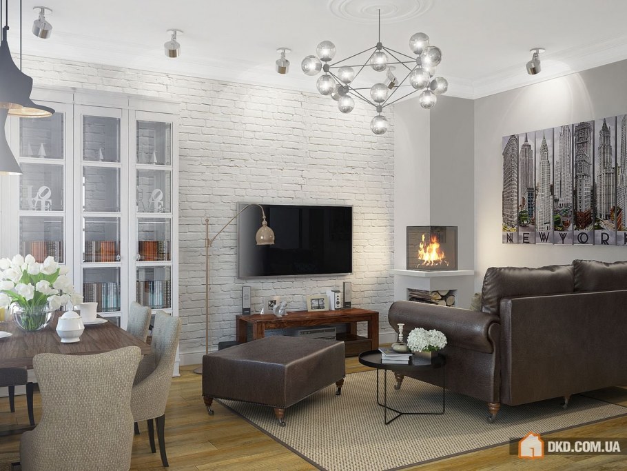 Кирпич в интерьере гостиной