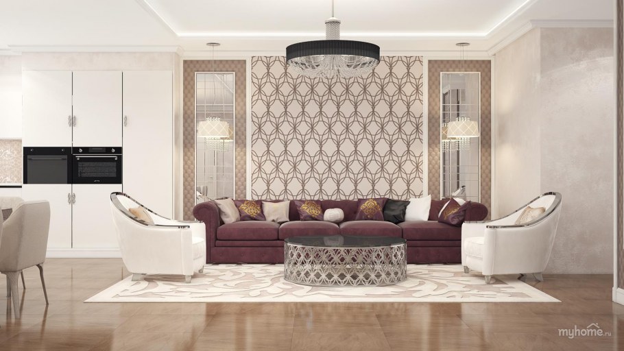 Обои вензеля в интерьере гостиной стиль Модерн