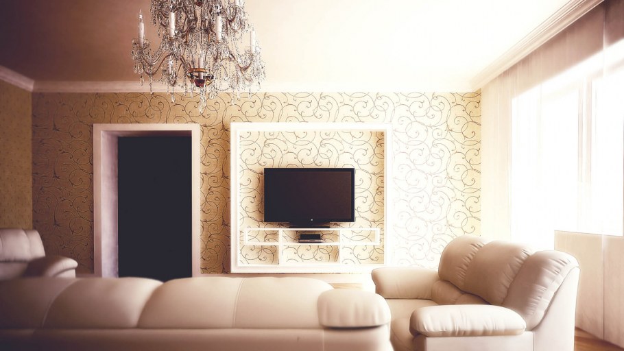 Обои с вензелями в интерьере гостиной