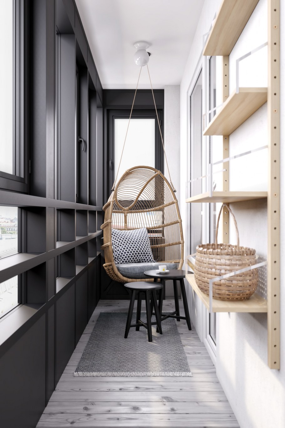 Лоджия в интерьере в тёмных тонах