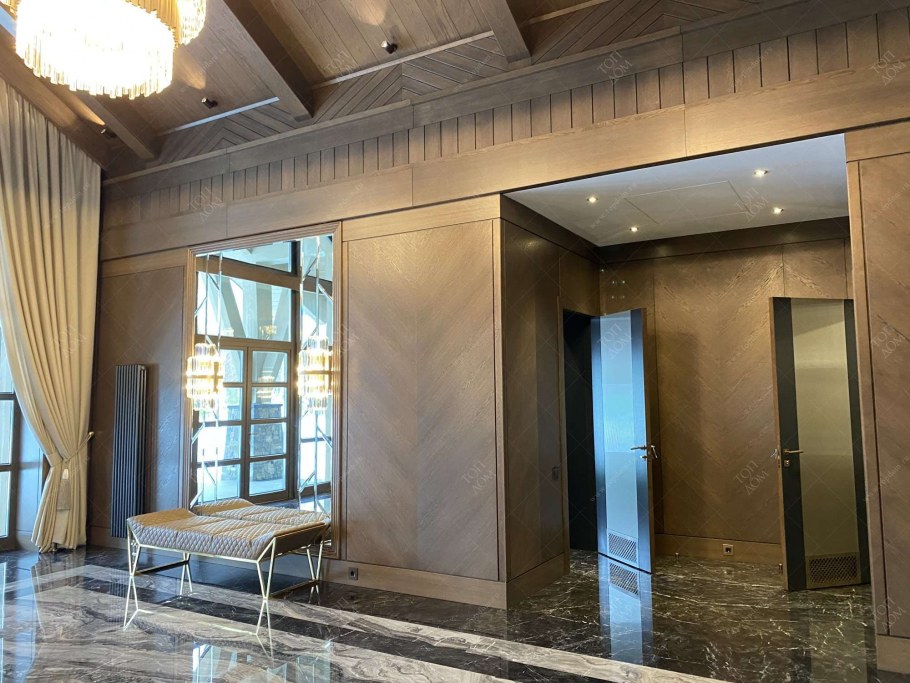 Деревянные рейки в интерьере гостиной