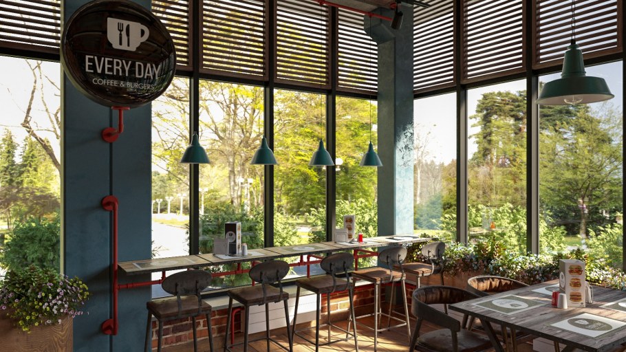 Кофейня с большими окнами