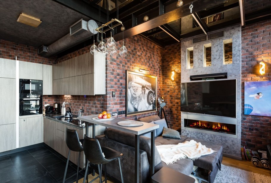 Студия 25 кв м в стиле лофт кирпич