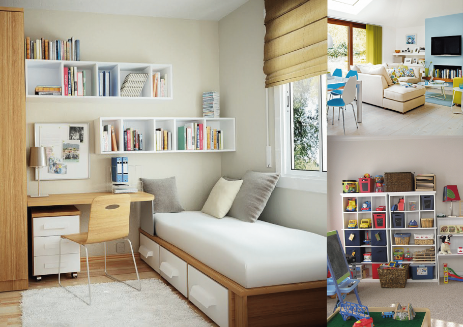Интерьер небольшой спальни с книжными полками для подростка